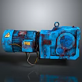 Blue Industrial Gear Motor With Yellow Warning Label And Connected Cable