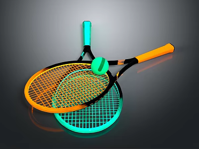 Vibrant Tennis Rackets With Orange Teal Handles Mesh Surface And Tennis Ball For Daily Use 3d model
