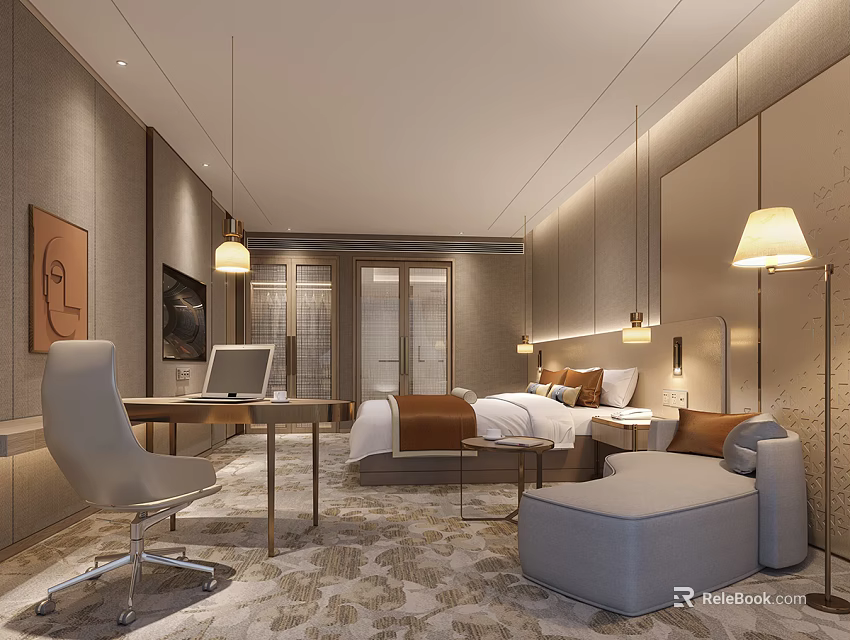 Modern Hotel Guest Room Interior With Comfortable Bed Work Desk And Seating Area 3d model