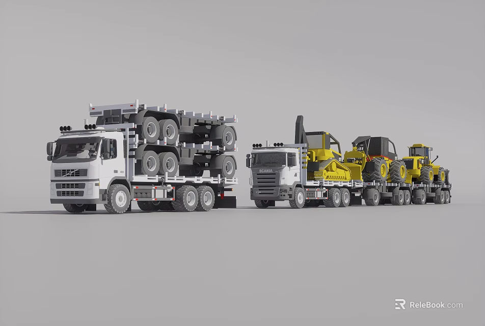 Two White Trucks Loaded With Heavy Tires And Yellow Construction Machinery 3d model 