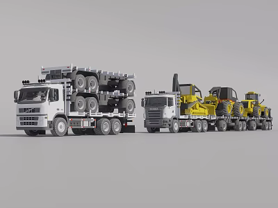Two White Trucks Loaded With Heavy Tires And Yellow Construction Machinery 3d model
