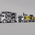 Two White Trucks Loaded With Heavy Tires And Yellow Construction Machinery