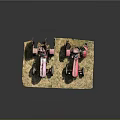 Vintage Pink And Red Tractors Displayed On Grassy Surface With Gray Background