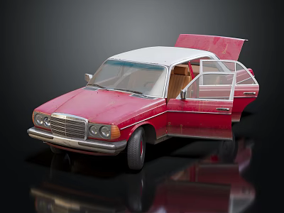 Vintage Red Classic Car With Open Doors Trunk And Brown Interior 3d model