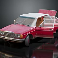 Vintage Red Classic Car With Open Doors Trunk And Brown Interior