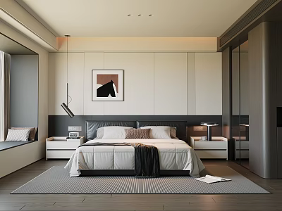 Modern Bedroom Interior Design With Bedside Tables Wall Art Wardrobe And Area Rug 3d model