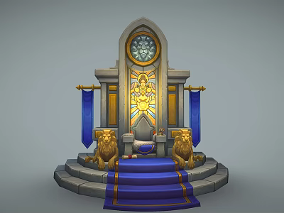 Ornate Royal Throne With Lion Statues Blue Steps Clock And Golden Banners 3d model