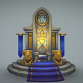 Ornate Royal Throne With Lion Statues Blue Steps Clock And Golden Banners