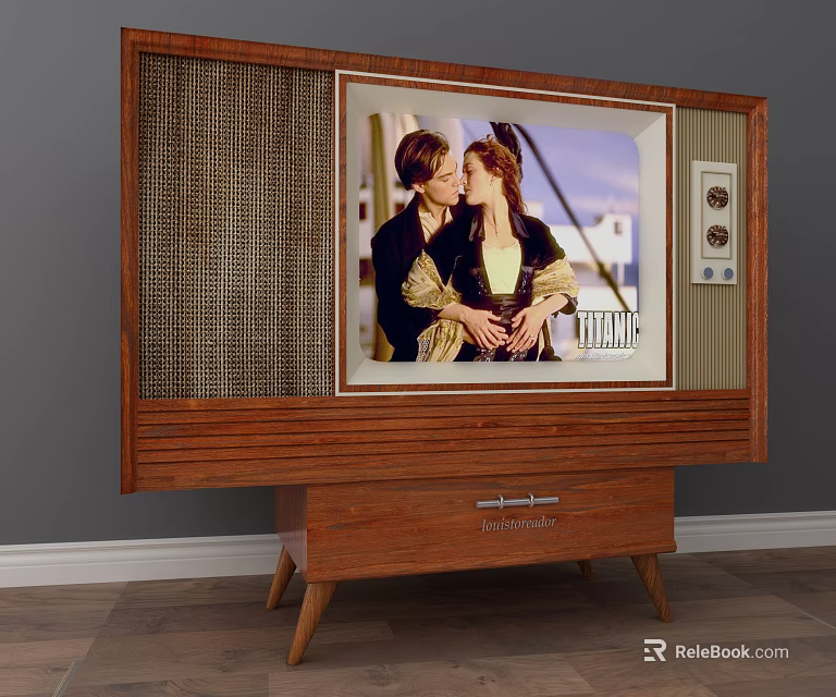 Vintage Wooden Cabinet Television on Stand Displaying Classic Movie Scene 3d model 
