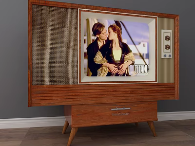 Vintage Wooden Cabinet Television on Stand Displaying Classic Movie Scene 3d model