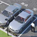 Audi and BMW Cars Parked in Parking Spots with Person Walking Nearby