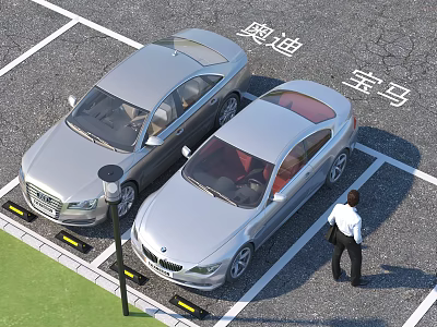 Audi and BMW Cars Parked in Parking Spots with Person Walking Nearby 3d model