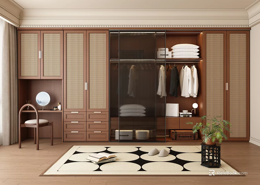 Modern Walk in Closet With Wooden Cabinets Hanging Clothes Drawers Mirror Rug And Potted Plant 3d model 