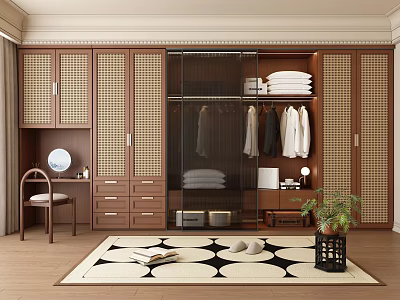 Modern Walk in Closet With Wooden Cabinets Hanging Clothes Drawers Mirror Rug And Potted Plant 3d model