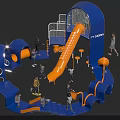 Interactive Playground Area With Blue Orange Slides Climbing Structures Green Lawn And Children 3d model