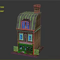 Two Story Brick Building With Chimney Gray Roof Stained Glass Yellow Light And Pumpkin Decorations