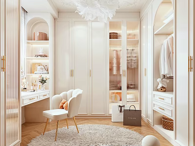 Elegant Modern Walk in Closet Interior With White Cabinets Vanity Table And Chandelier 3d model