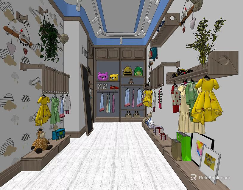 Kids Clothing Store With Colorful Children's Dresses Toys Green Plants And Decorative Shelves 3d model 