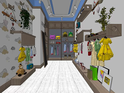 Kids Clothing Store With Colorful Children's Dresses Toys Green Plants And Decorative Shelves 3d model