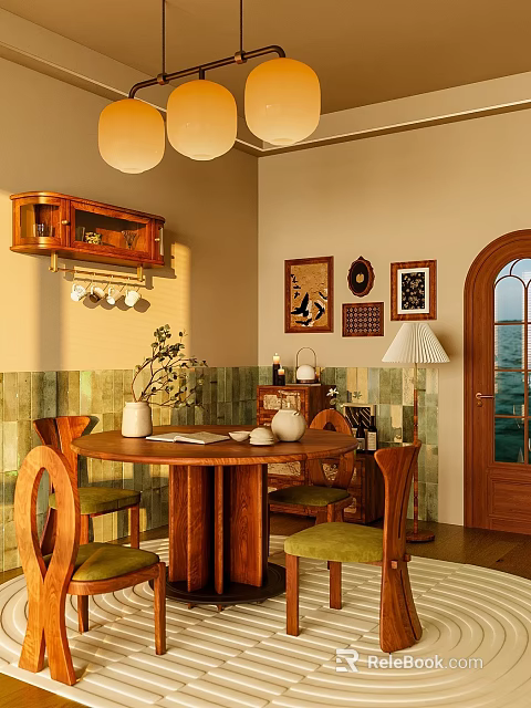 Cozy Restaurant Interior With Round Wooden Table Chairs Green Cushions Decorative Paintings Wooden Wall Cabinet 3d model 