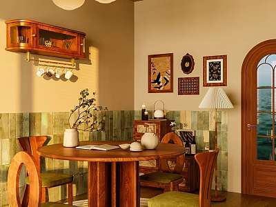 Cozy Restaurant Interior With Round Wooden Table Chairs Green Cushions Decorative Paintings Wooden Wall Cabinet 3d model