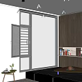 Floor to Ceiling Window with Misty Forest View Dark Wood Cabinetry and Wooden Coffee Table