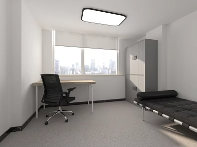 Modern Office Interior With Desk Black Chair Window City View Gray Carpet And Ceiling Light 3d model