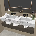 Wall Mounted Bathroom Vanity with Double Sinks Marble Countertop Toiletries Towels and Flower Bouquet