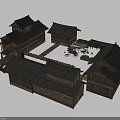 Traditional Ancient Architecture Complex With Wooden Structures Tiled Roofs And Courtyard Layout 3d model