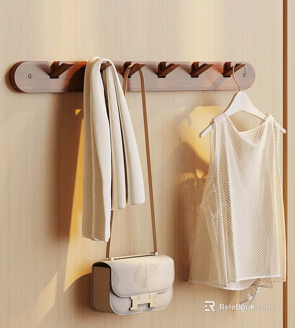 Wooden Coat Rack With Hanging Scarf Bag And White Dress On Wall 3d model 