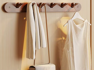 Wooden Coat Rack With Hanging Scarf Bag And White Dress On Wall 3d model