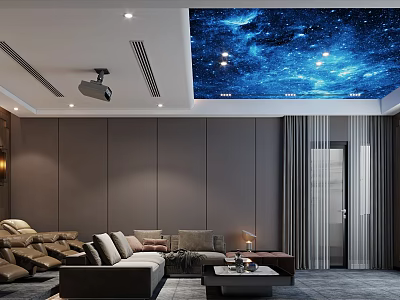 Modern Home Theater Room Interior With Starry Sky Ceiling Projector And Comfortable Sofa 3d model