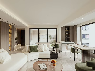 Modern Open Concept Dining Living Room With White Sofa Green Cushions And Round Coffee Table 3d model