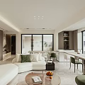 Modern Open Concept Dining Living Room With White Sofa Green Cushions And Round Coffee Table