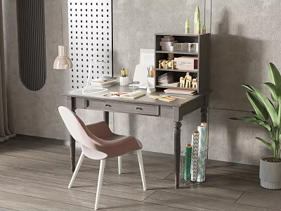 Stylish Study Desk Setup With Wooden Table Chair Lamp Storage Shelf Wall Decor And Plant 3d model