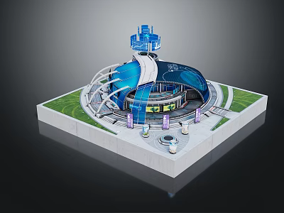 Cartoon Scene of Futuristic Blue Dome Building With Tall Tower Green Lawn Circular Pathway And Decorative Pillars 3d model