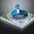 Cartoon Scene of Futuristic Blue Dome Building With Tall Tower Green Lawn Circular Pathway And Decorative Pillars