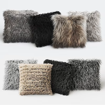Fluffy Furry Throw Pillows With Various Textures And Neutral Colors For Home Decor 3d model