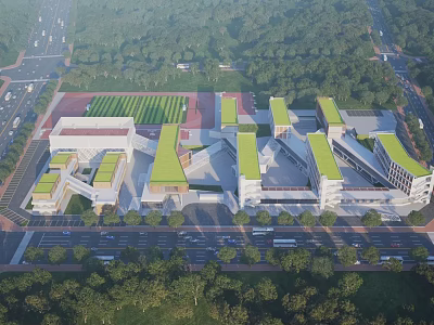 Modern School Building Campus Aerial View With Green Roofs Playground And Trees 3d model