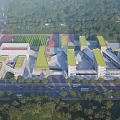 Modern School Building Campus Aerial View With Green Roofs Playground And Trees