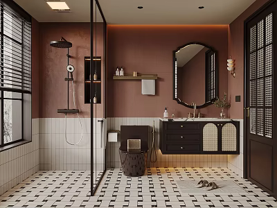 Cozy Retro Bathroom Interior With Separate Shower And Elegant Floating Vanity And Checkered Tile Flooring 3d model