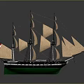Vintage Sailing Ship Model with Multiple Masts Brown Sails and Green Hull 3d model