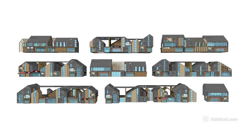Modern Commercial Street Architecture With Various Building Facades And Shop Fronts 3d model 