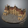 Classical European Style Architecture Model With Red Roof Multiple Chimneys And Circular Base