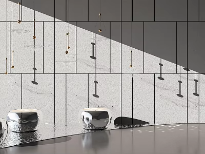 Gray Tiled Wall Displaying Modern Small Golden And Silver Circular Sculptures With Dark Floor Reflections 3d model