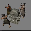 Three Men Wearing Traditional Attire Beating Ornate Carved Drum Together