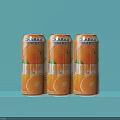 Three Cans of Orange Juice Drink with Orange Slices Design on Light Blue Background
