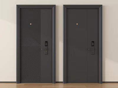 Two Modern Black Security Doors With Electronic Locks And Panel Design 3d model