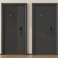 Two Modern Black Security Doors With Electronic Locks And Panel Design