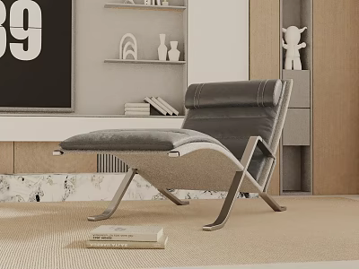 Modern Gray Leisure Chair with Metal Frame in Living Room with Shelves and Decorations 3d model